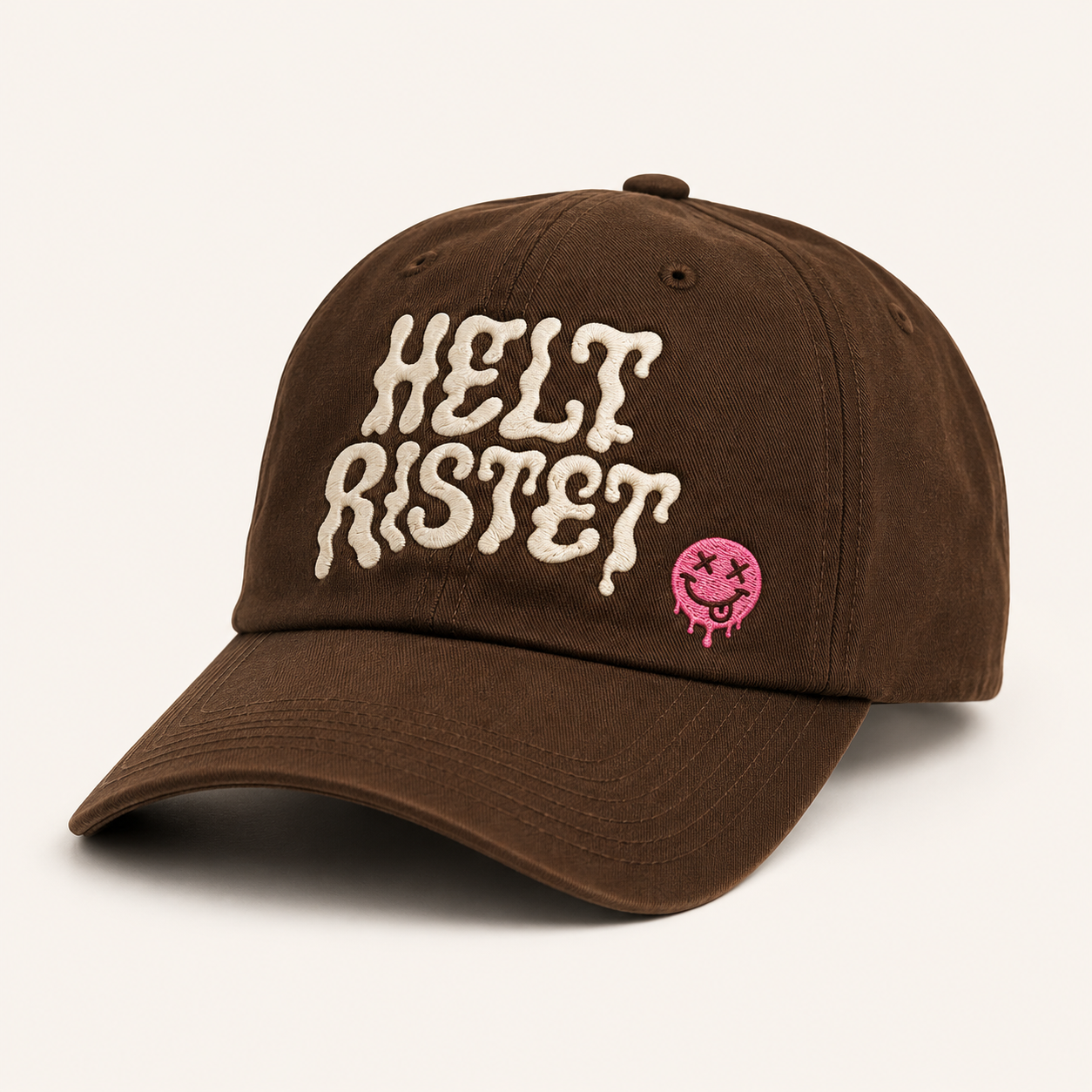 Brun dad cap med cream HELT RISTET-broderi og lille pink smiley