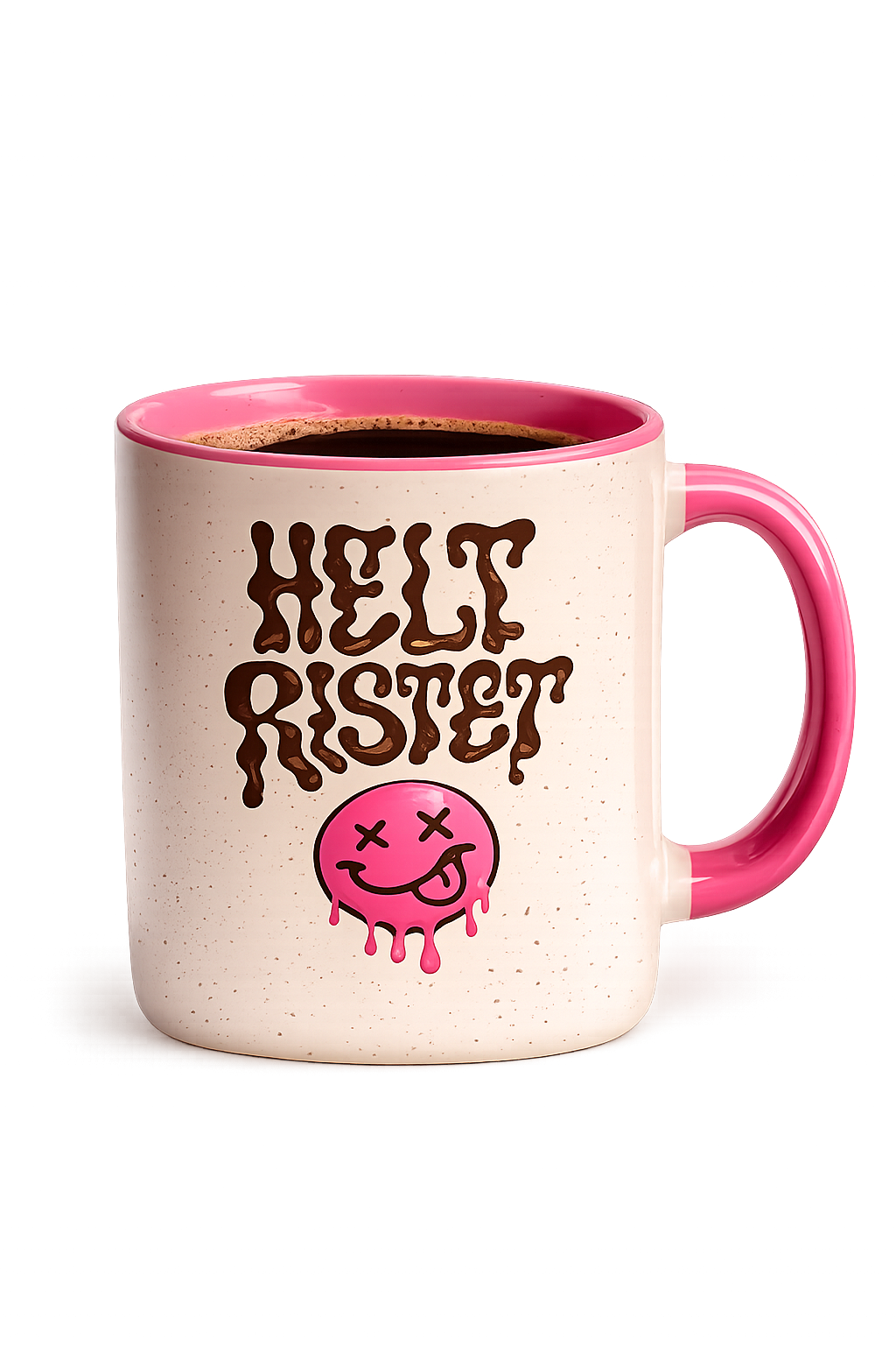 Cremefarvet spættet krus med pink inderside, drippy logo og smiley med X-øjne
