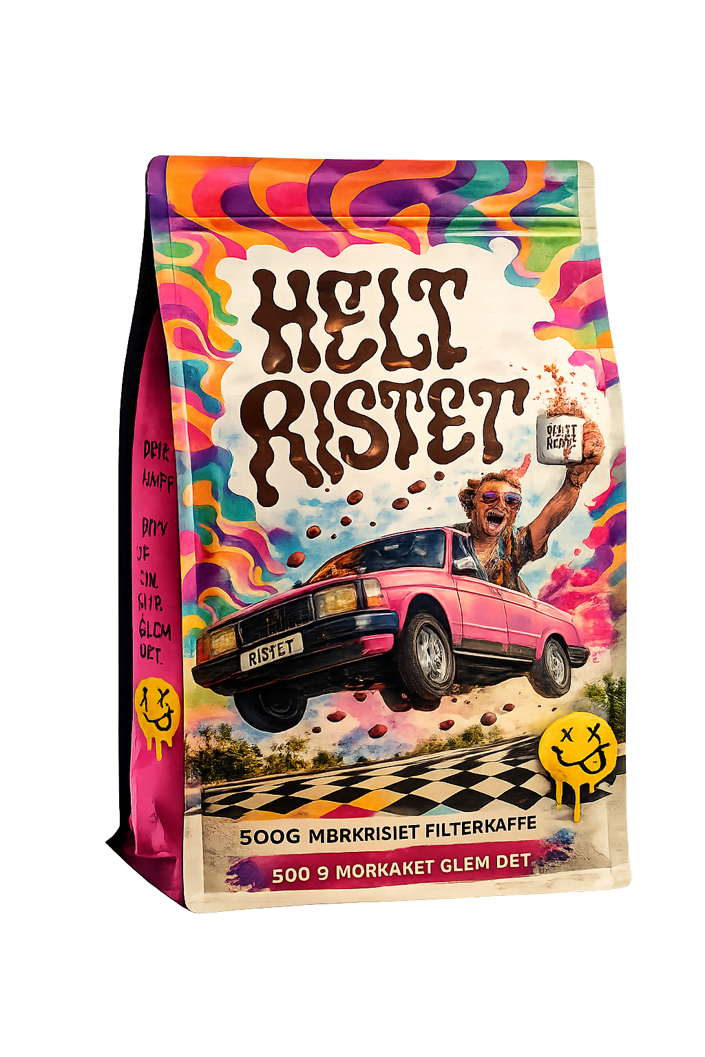 Kassen: seks poser Helt Ristet — natteudgaven i neonlys