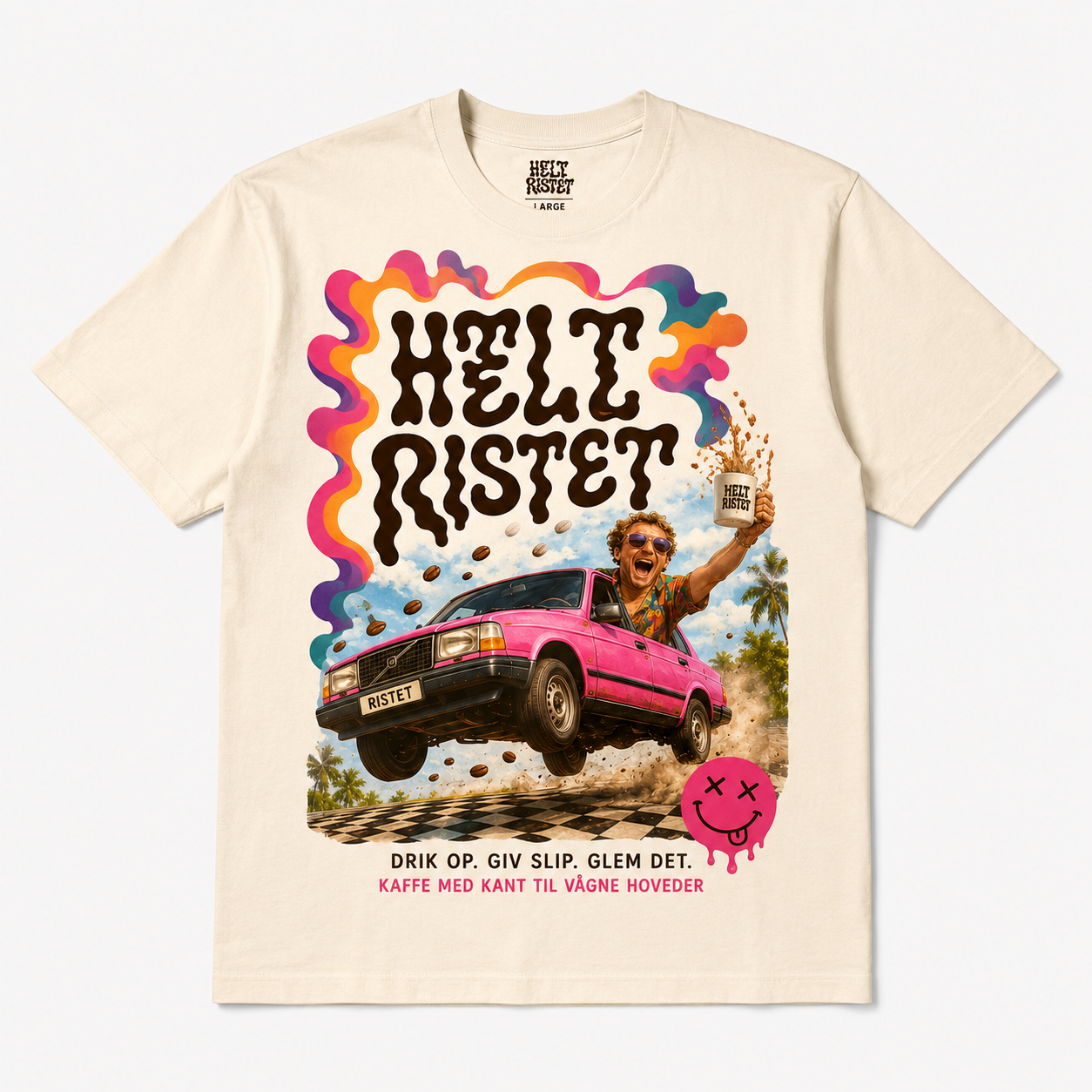 Cremefarvet t-shirt med psykedelisk HELT RISTET-print og pink Volvo